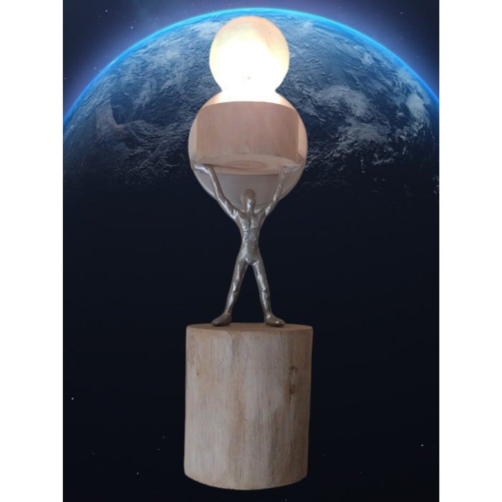 Uplift The World Metal Human Figure Wall Lamp with Wood Accent. Only One Made.